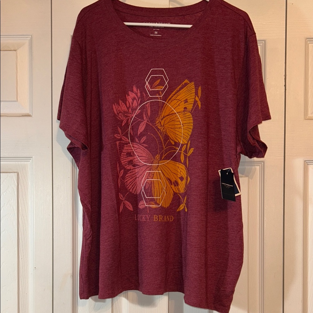 Lucky Brand Burgundy Tee with Yellow Butterfly Design